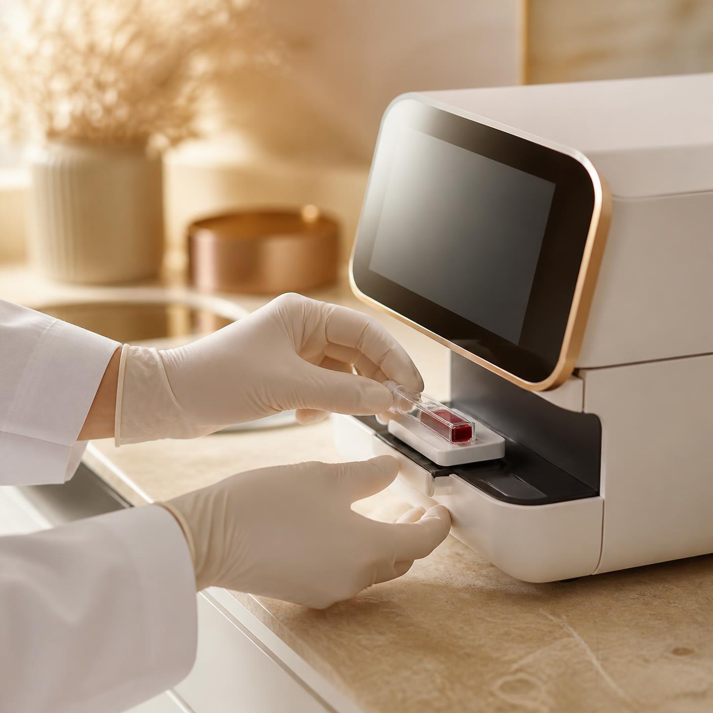 A pharmacist inserting a blood sample cartridge into a point-of-care analyser